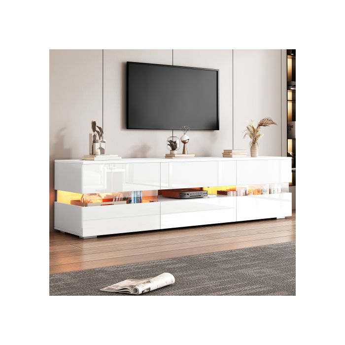 Modernt TV-bänk, blank vit, 160x39x45 cm, med LED-belysning, 2 dörrar, 1 låda