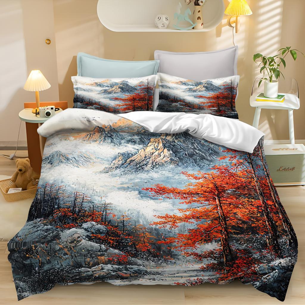 3D Cherry Blossom Flower Ink Painting Bedding Set Boys Girls Duvet Cover Pillowcase Set Teen & Adult Bedroom Collection 2/3pcs
