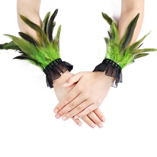 Women's Feather Wrist Cuffs Gothic Feather Fingerless Gloves Wristband Mesh Cuff for Halloween Cosplay Costume Accessories