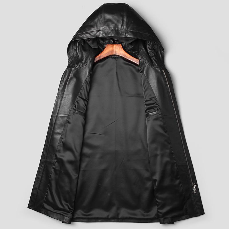 Men's Genuine Lambskin Hooded Leather Jacket, Slim Fit, Mid-Length Outerwear