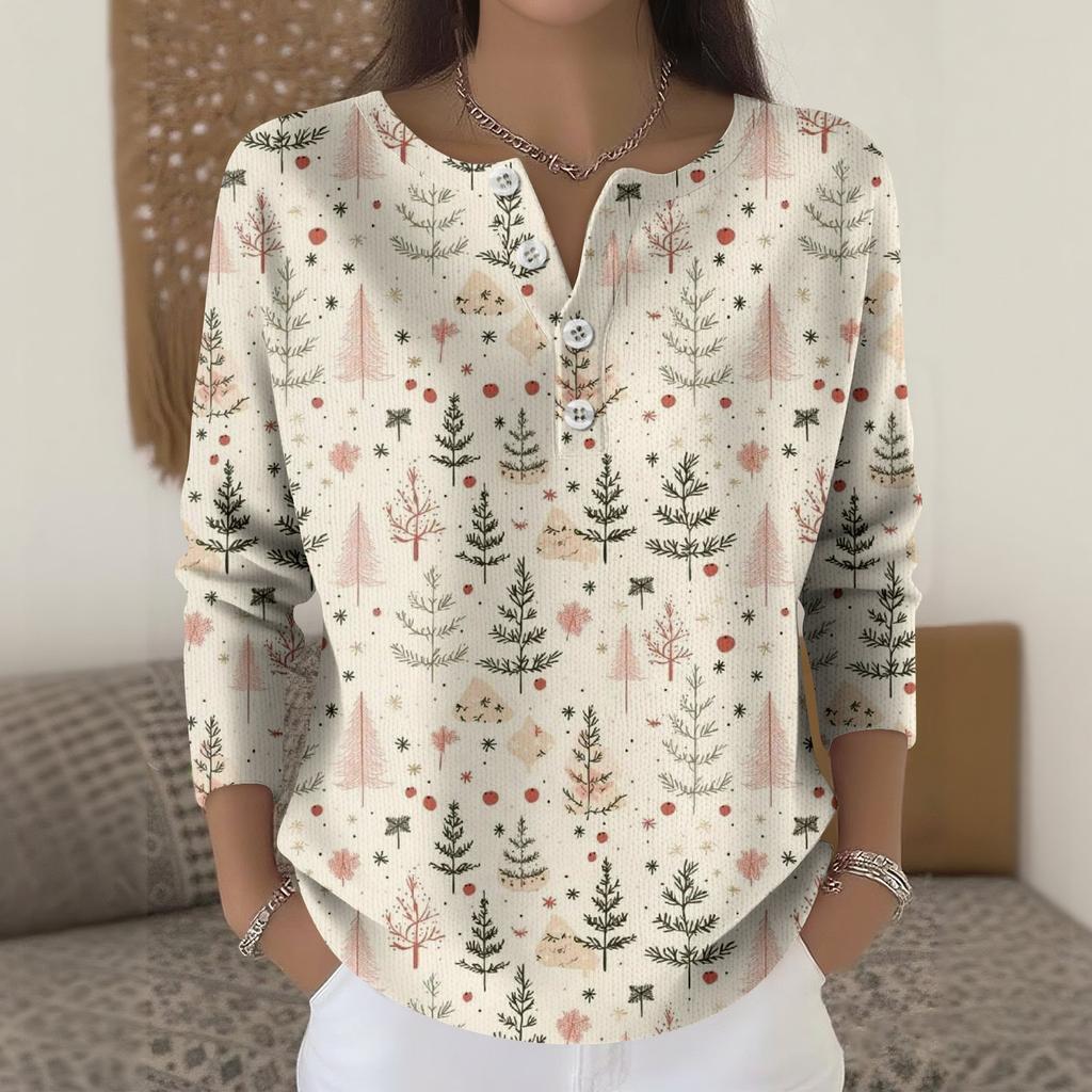 Women's Fashion Long Sleeve Christmas Snowflake Print Top Elegant Casual Top