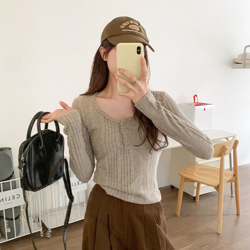 U Neck Button Front Slim Fit Long Sleeve Tee Women Autumn Winter Cropped Versatile Knit Top