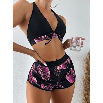 Swimsuit Women's Split High Waist Flat Lace Print Solid Color Deep V Neck Bikini Three Piece Set