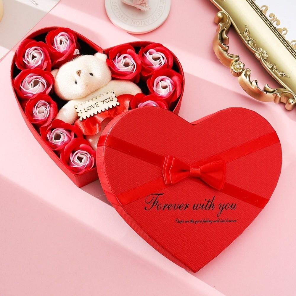 Romantisches Blumenstrauß-Geschenkbox mit süßem Bär Elegante 10 künstliche Blumen Vielseitiges Valentinstagsgeschenk