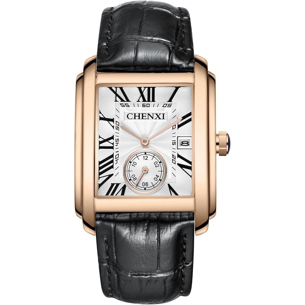Men s Square Analog Watch with Leather Strap, Waterproof, Antique Style