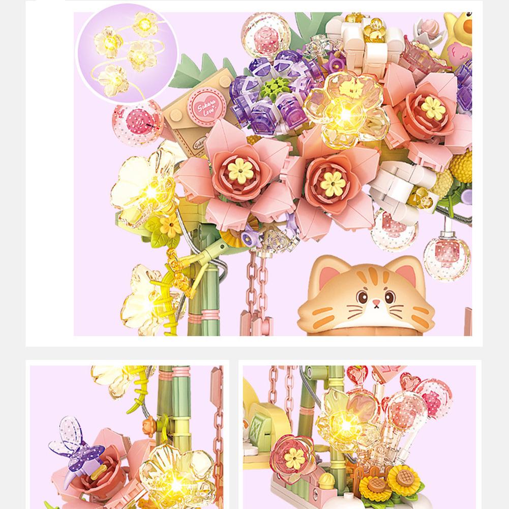 Romantic Flower Swing Building Block With Lights Creative DIY Simulation Architecture Building Bricks Toy Gifts For Kids