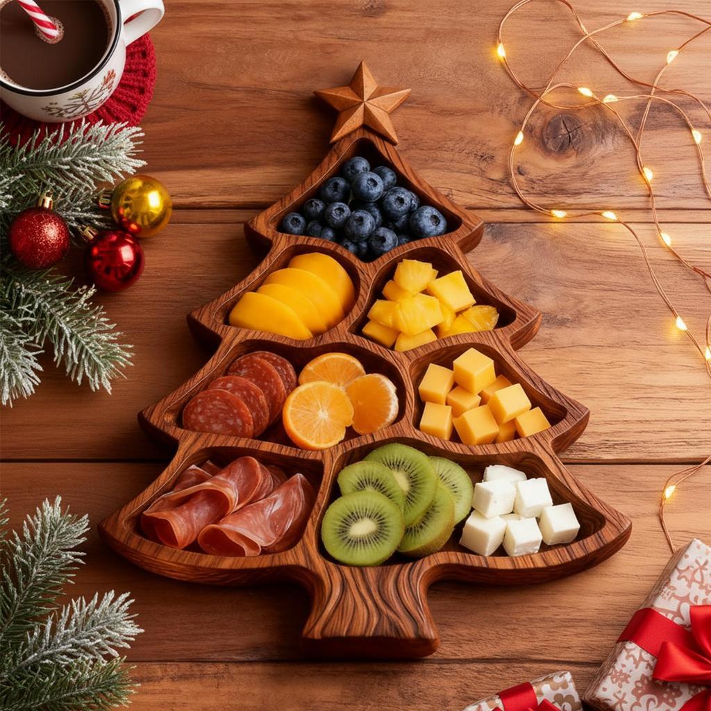 Prkénko na uzeniny Vánoční stromek Podnos na jídlo Dřevěný dělený podnos na jídlo Servírovací podnos Sýr Cukroví Svačiny Ovoce Dezertní podnos