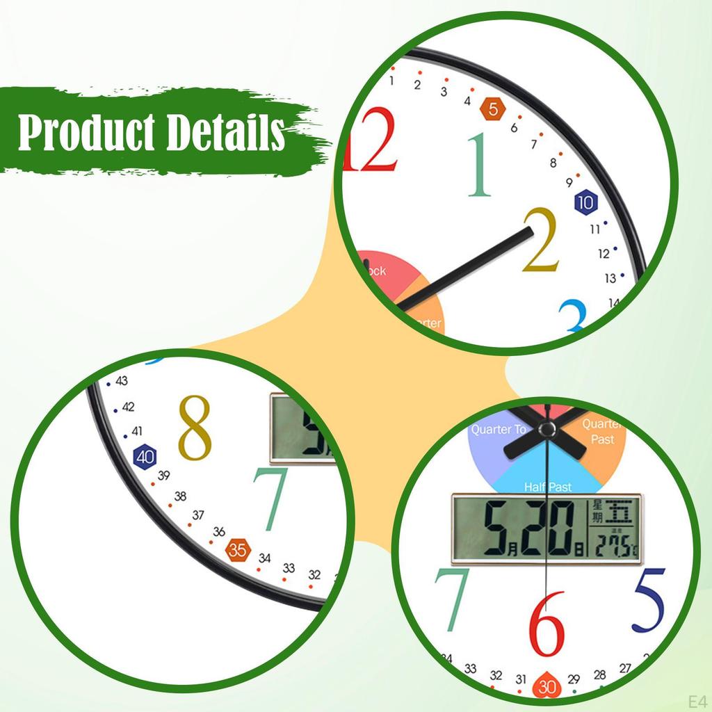 Kids Wall Clock 12" Colorful Teaching Time Easily Silent for Classroom Playroom