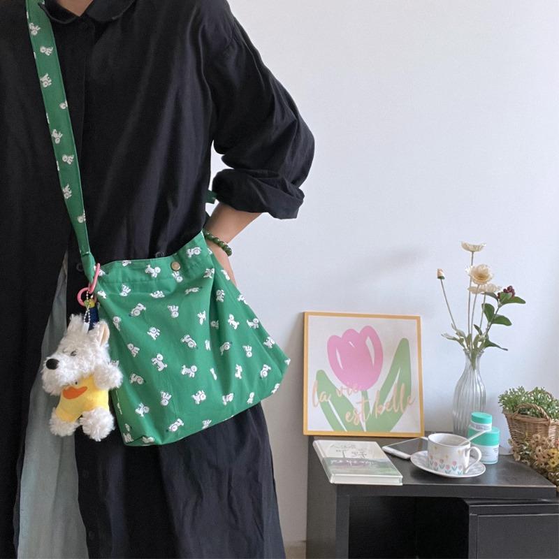 

Spring and summer Japan and Korea cartoon dark green base color cute dog cotton messenger bag mini walking bag women s leisure bag without puppy pendant