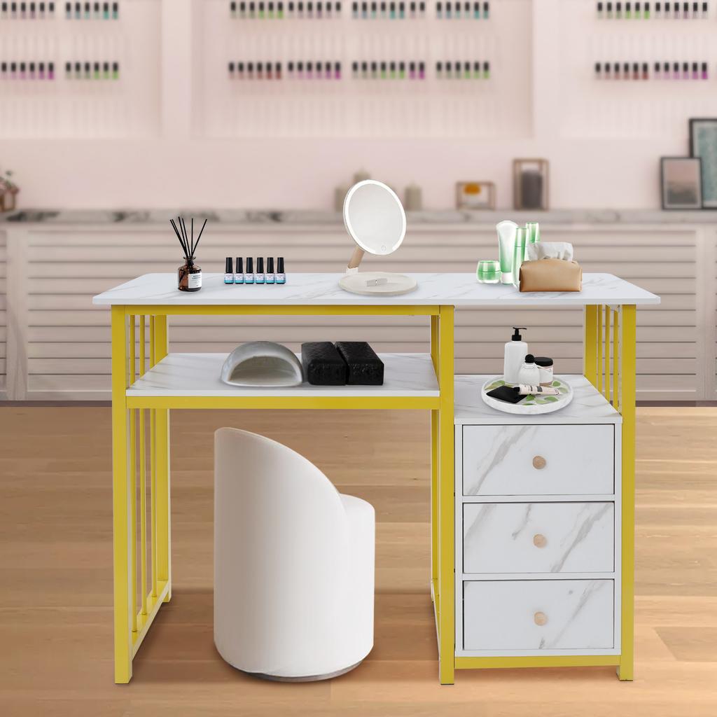 Marbling Texture Manicure Desk with 3 Drawers, Sturdy Manicure Table for Nail Salon Home Use, Nail Desk with Spacious Tabletop