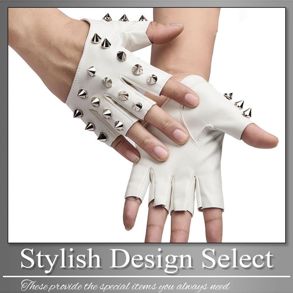 Buzz Selection Fingerless Leather Studded Biker Hard Rock Gloves for Men GB120 (White)
