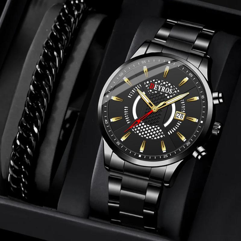

2 шт./комплект, мужские модные спортивные кварцевые часы с круглым циферблатом и браслетом из нержавеющей стали, лучшие подарки для него