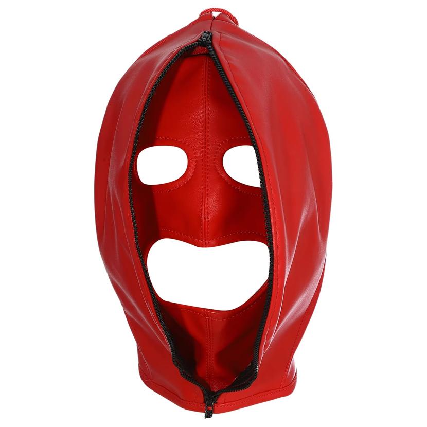 Lædermaske Fuld Ansigt Dobbeltlag Hovedbeklædning Lynlås Hoved Hætte Justerbar Snørebånd Læder Bondage Masker Halloween Cosplay Festmaske