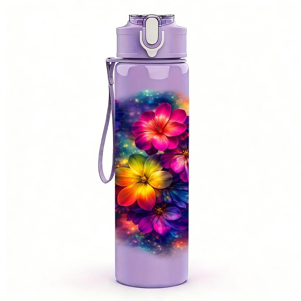 1PC Big Round Multicolor Flower Bouquet Print 750ml Color Plastic Sports Water Bottle Leakproof Flip Straw Lid Suitable for Sports Office Home Use