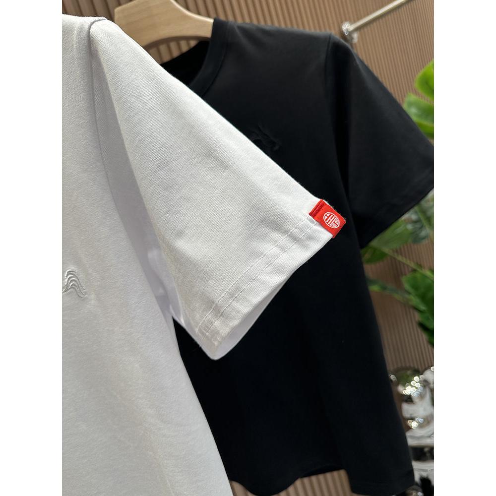 Summer Top Embroidery Neutral Short O-neck Casual Hip Hop Heavy Texture Cotton Ins Loose Men T-shirt