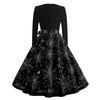 Women's Casual Long Sleeve Round Neck Dress Vintage Style Halloween Print Skater Dress with Waist Tie Belt Retro Swing Midi Dress