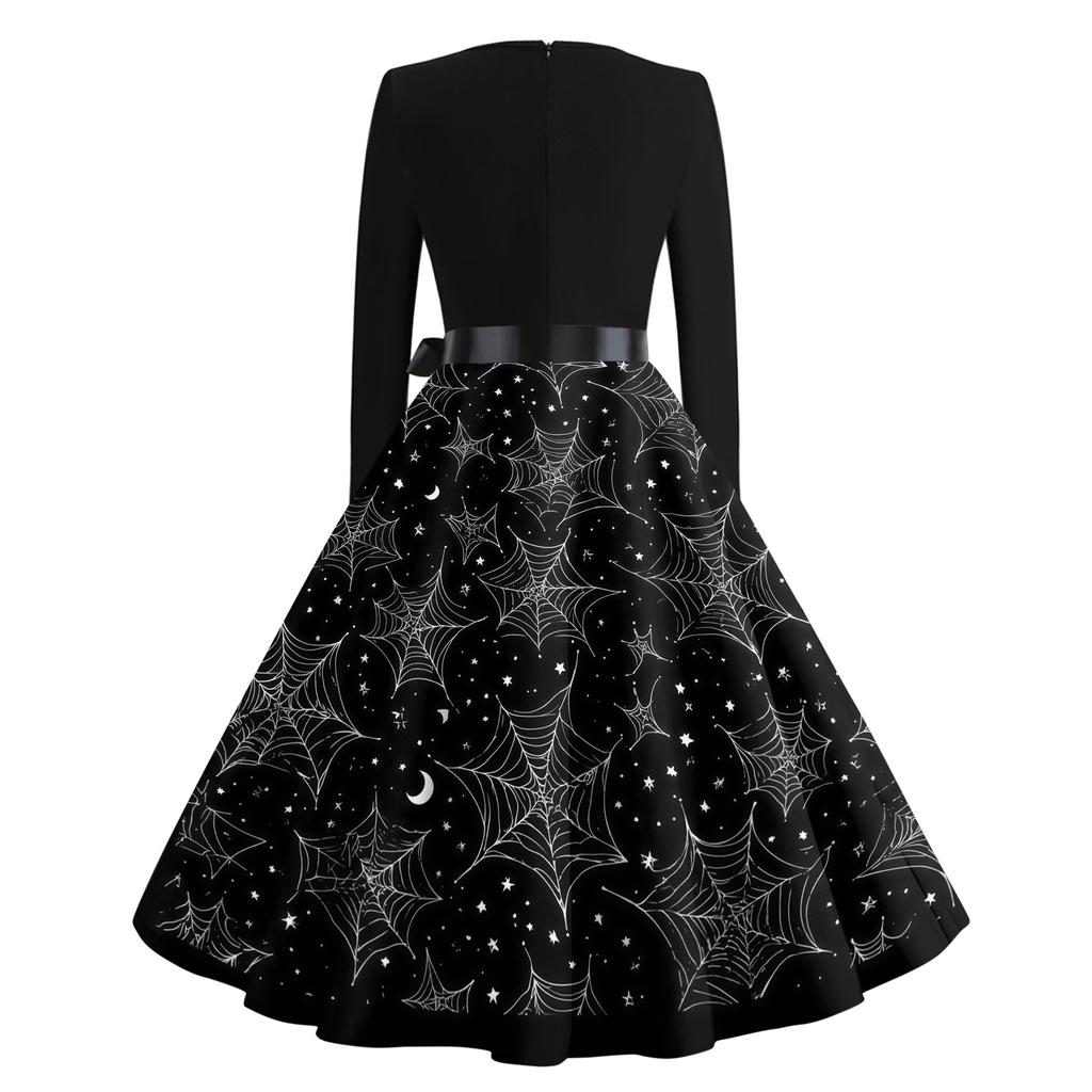 Women's Casual Long Sleeve Round Neck Dress Vintage Style Halloween Print Skater Dress with Waist Tie Belt Retro Swing Midi Dress