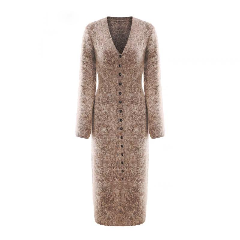 Coffee Mohair Cardigan Knitted Dress Women's Autumn and Winter Wear High-end Lazy Wind Soft Waxy Long Sweater Skirt