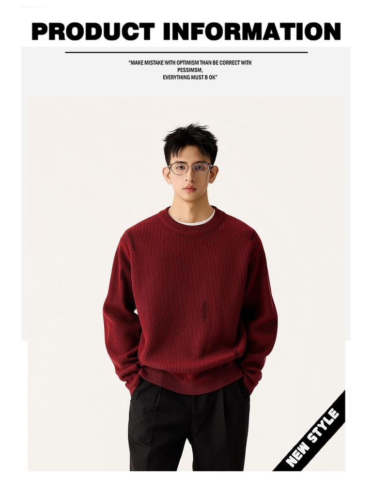 Men's High-End Round Neck Knit Sweater - Black & Red, Warm Autumn/Winter Inner Wear, In Stock with Tags