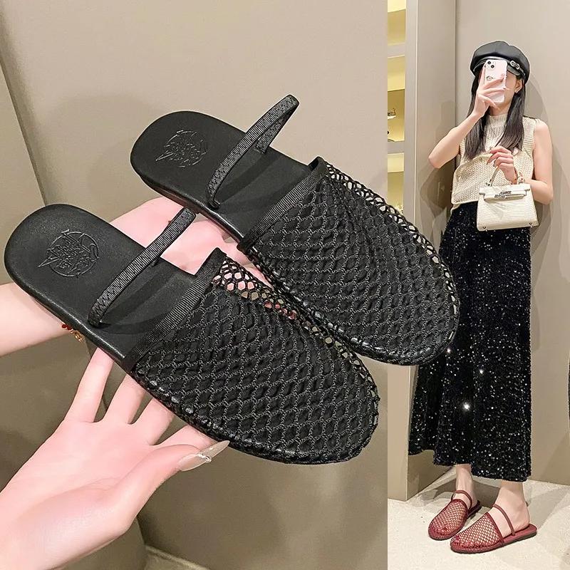 Round Headed Niche Fish Mesh Hollow Ballet Shoes for Women's Summer New Fashionable Flat Bottomed Belt Buckle Sandals