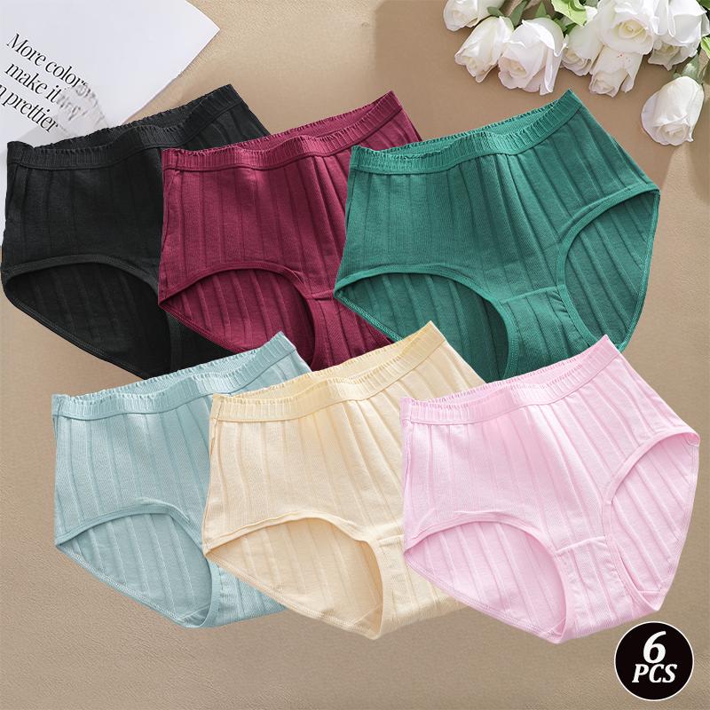FINETOO 6PCS/SET Women Basic High Waist Striped Panties Cotton Breathable Daily Multi Color Set Butt Lifting Plus Size Comfort Underwear