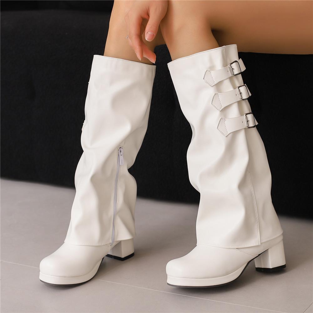 Fashion Women Thick Bottom Motorcycle Boots Women Knee High Boots Autumn Winter Women Gothic Punk Buckle Casual Boots Brown White Black