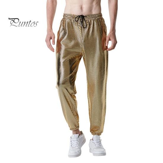 

Мужские брюки на шнуровке с эластичной резинкой на талии, ромб, бронзовый металлик, ретро, ​​дискотека 70-х, свободные однотонные брюки до щиколотки, клубные вечерние брюки для выступлений L золотистый