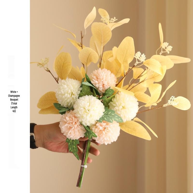 Eucalyptus Ball Chrysanthemum Bouquet in Ceramic Vase - Artificial Dried Flowers for Living Room or Dining Table Decor