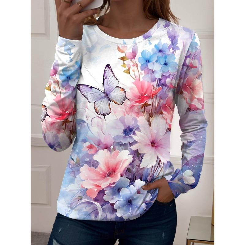Autumn Fashion Women's Butterfly Plants Elegant O-Neck Long Sleeve T-Shirt Y2K Casual Tops Womens Clothing Harajuku Pullover