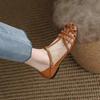 Sandali estivi da donna in pelle con cinturino a T intrecciato a fascia stretta, punta tonda, scarpe casual da donna