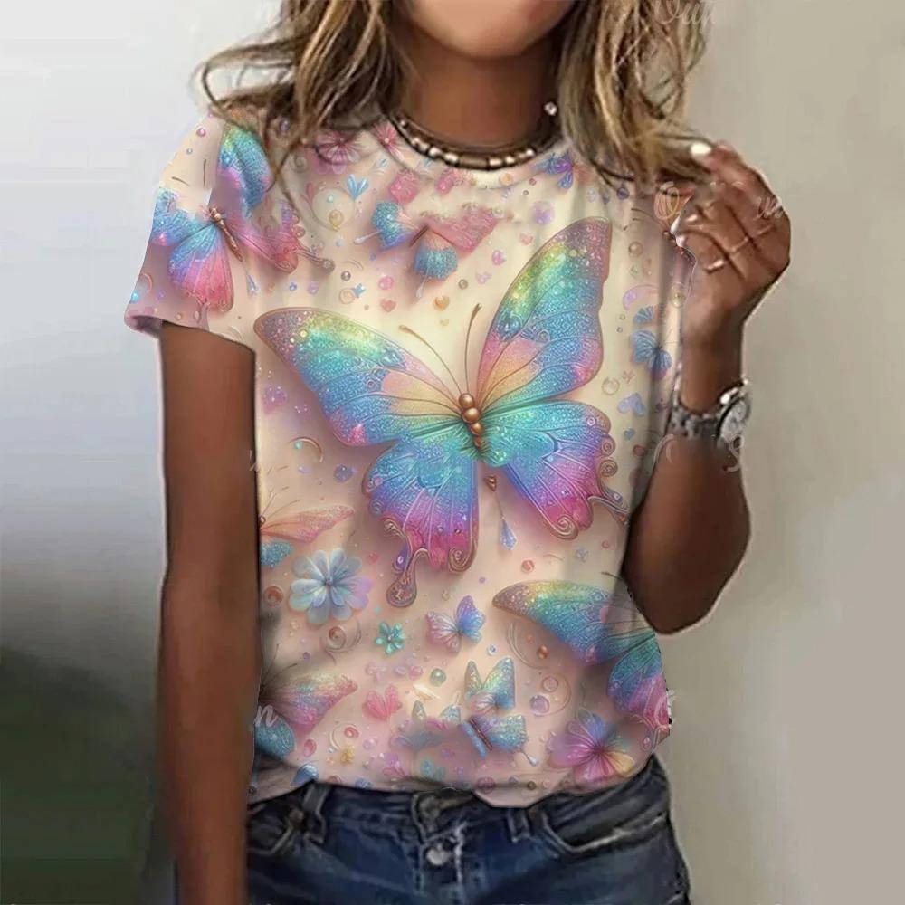 Summer Round Neck 3D Butterfly Pattern Print Top Fashionable Casual Short Sleeved Women's T-shirts