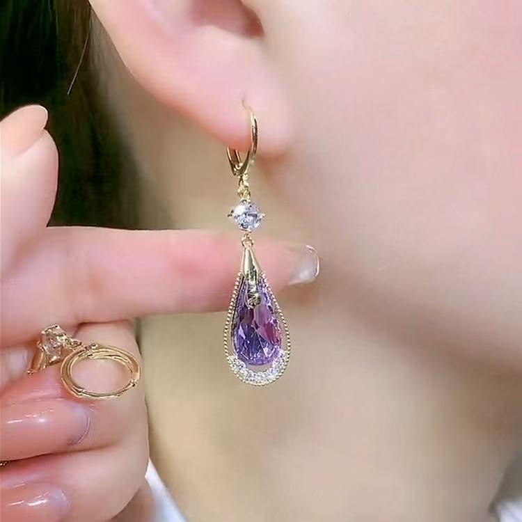 Elegante Lila Wassertropfen Zirkonia Kristall Hängeohrringe für Damen