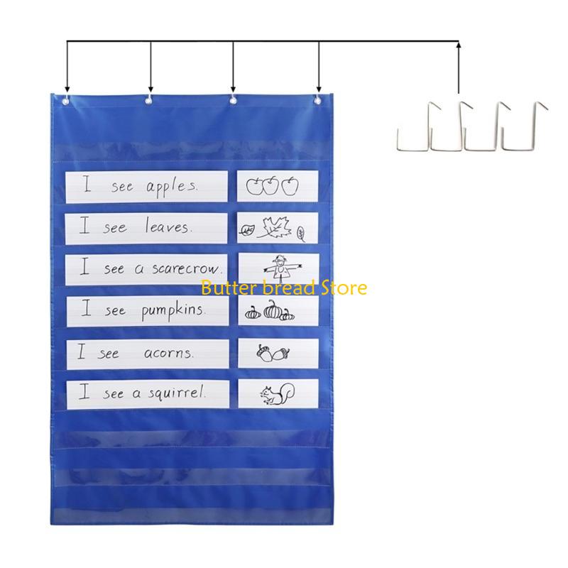 W89C Learning Pocket Chart Sentence Strips Holder Teaching Hanging Bag with Hook