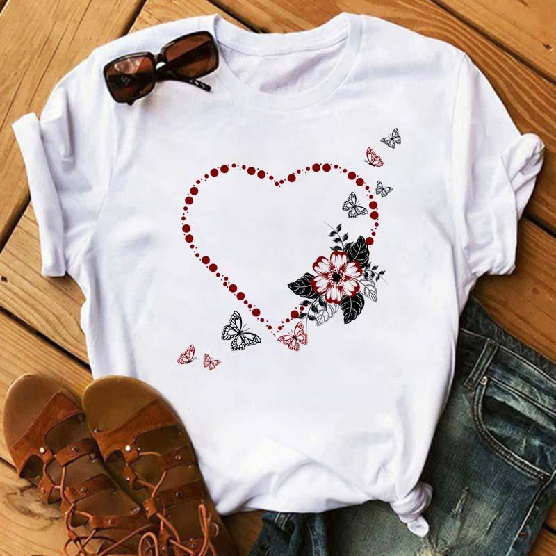 Summer Butterfly Print Plus Size Loose Round Neck Pure Cotton Short Sleeved Top T-Shirts Women’s Tees