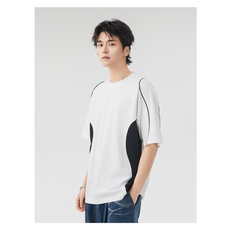 Herren Lockeres Patchwork Kurzarm T-Shirt mit Kontrastfarben Vin