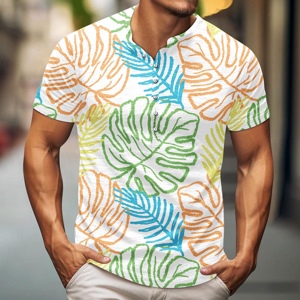 Men'S Printed T-Shirt Outdoor Retro Button Loose Long Sleeve Top