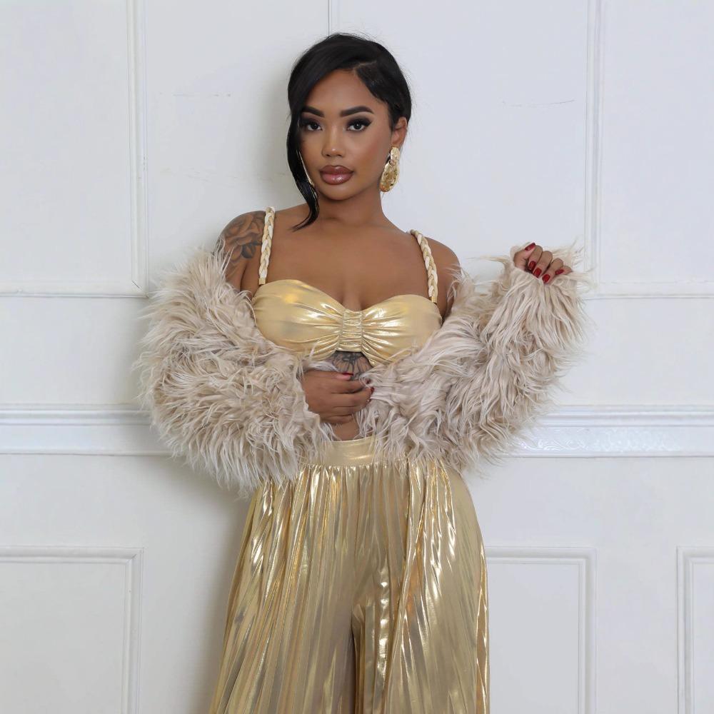 Damen Offene Faux Fur Cropped Jacke Locker Langarm Einfarbig Flauschiger Kurzer Mantel Streetwear