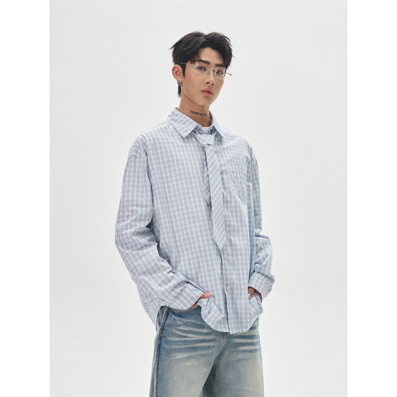 Kisko Simple Retro High-Fashion Blue Plaid Long-Sleeve Shirt Unisex Loose Casual Shirt Jacket