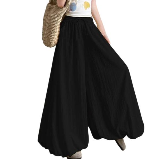Women Pants Elastic Waistband Adjustable Drawstring Wide Leg Bud Skirt Pants with Pockets Pure Color Loose Fit Summer Pants Daily Wear