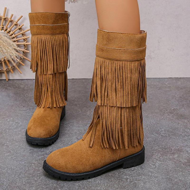 Autumn new multi-layer fringed boots low heel casual boots high boots-4 large size boots