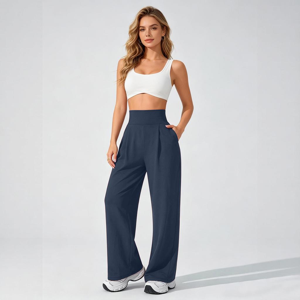 Hohe Taille Weites Bein Yogahosen für Damen Lockerer Schnitt Elastischer Bund Entspannte Lounge Trainingshosen mit Taschen