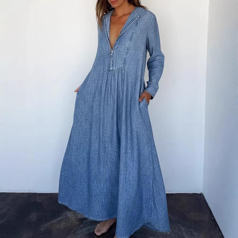 Loose Comfortable V-neck Denim Maxi Dress with Pockets