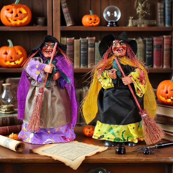 Halloween Witch Ornaments Spooky Witches Figures with Broomsticks Desktop Statue for Haunted House Party Decor