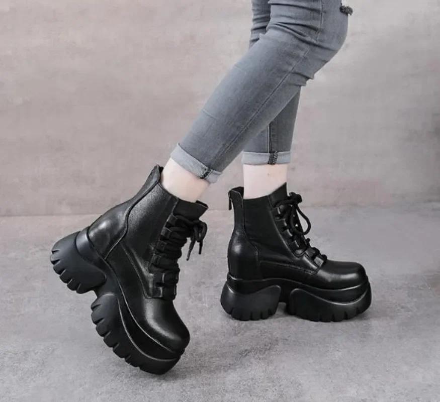 Fashion 10CM Genuine Leather Ankle Booties Women Motorcycle Boots Platform Wedge Slip On Spring Autumn Comfy Retro Lady High Heels Shoes