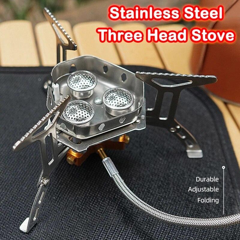 Camping Tourist Burner Outdoor Portable Three Head Stove Big Power Gas Stove Camping Picnic Windproof Stove Cooker Equipment