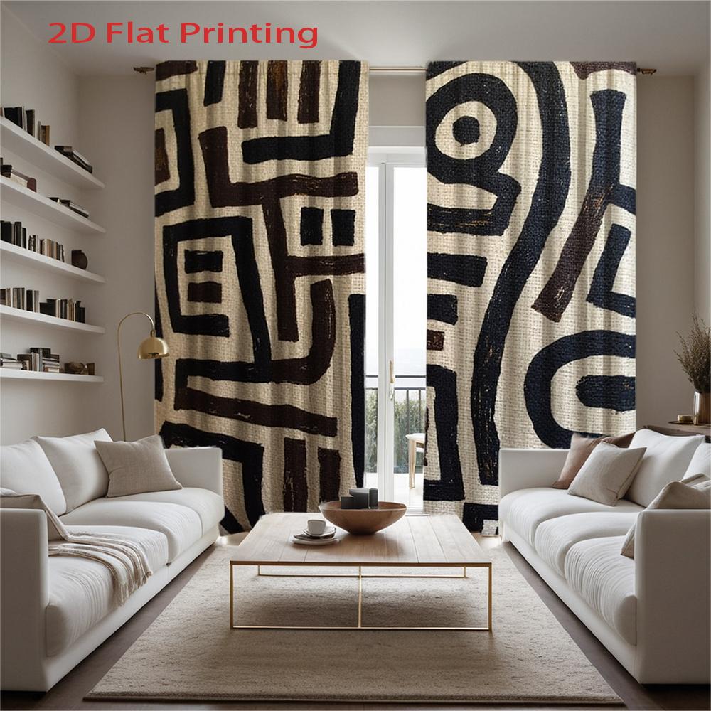 2D Flat   2pcs Black White Abstract Pattern Curtains - Modern Geometric Blackout Curtains with Brown Accent   Semi-Translucent Fab