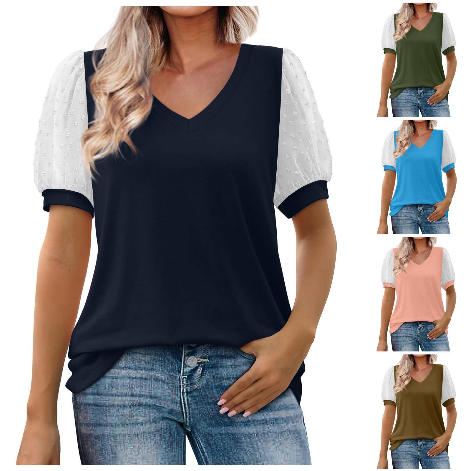 

Женские повседневные свободные рубашки с v-образным вырезом и короткими рукавами, топы с пышными рукавами, футболки
