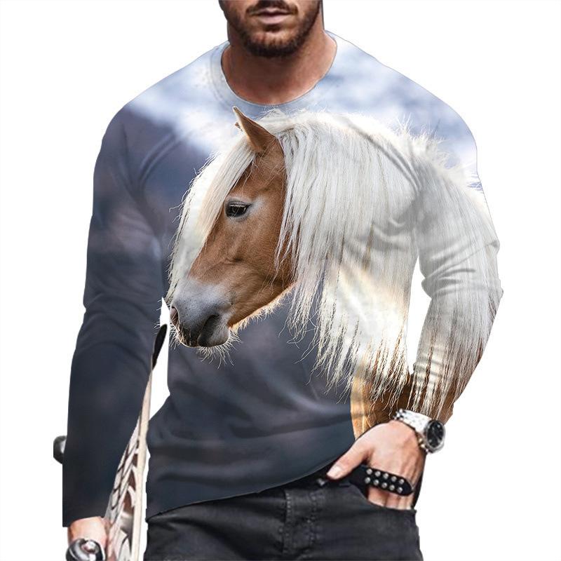 Spring and Autumn Round Neck Horse 3D Printed Top Fashionable Casual Long Sleeved Men's T-shirts