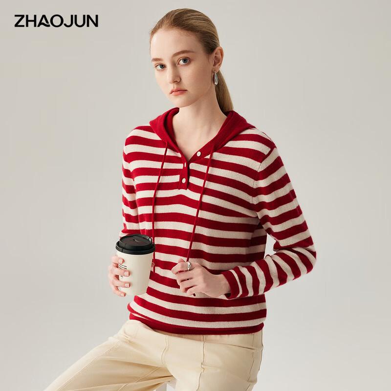 

Чжаоцзюнь 2025 Осень/Зима Женский кашемировый свитер с капюшоном и красными полосками XL