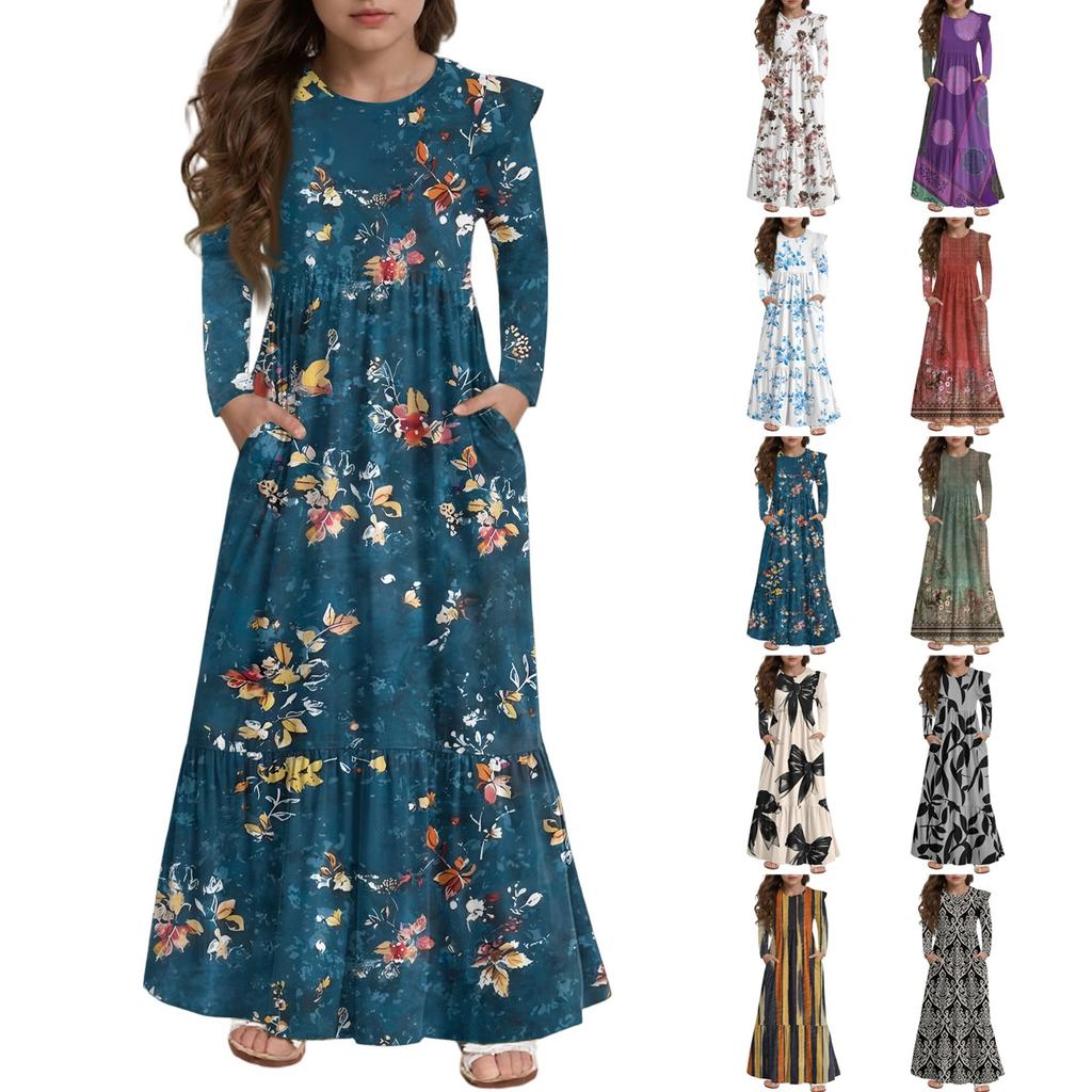 Girls' Tiered Ruffle Dress - Long Sleeve Printed Maxi With Pockets